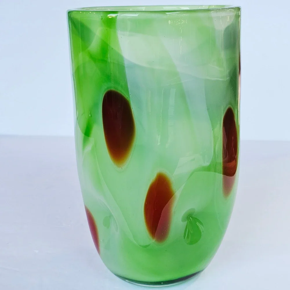 Vintage MCM Hand Blown Art Glass Vase Green Swirl Red Spotted Eclectic Artistic
